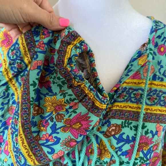 R.Vivimos Women's Floral Print Retro Boho V Neck Tassel Midi Dress Blue Multi XL - Picture 2 of 4